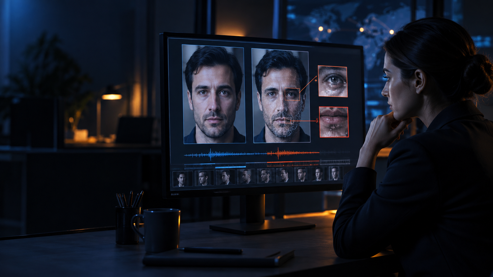 Ilustração editorial sobre Fraude e deepfake: Como Detectar Deepfakes: Passo a Passo para Fintechs